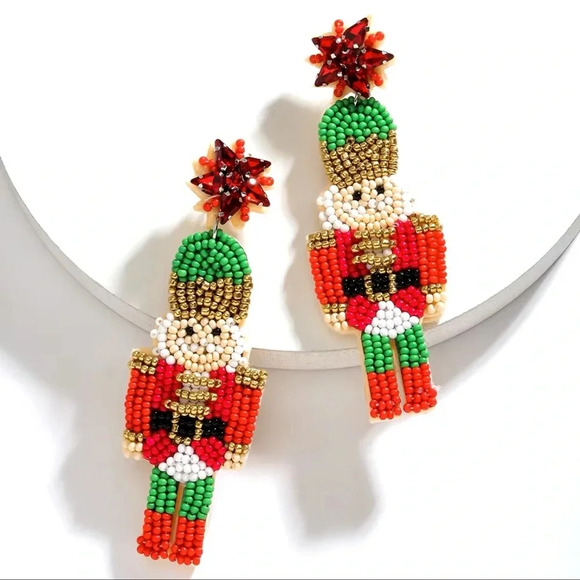 Nutcracker Red Beaded Christmas Earrings - Picture 3 of 4